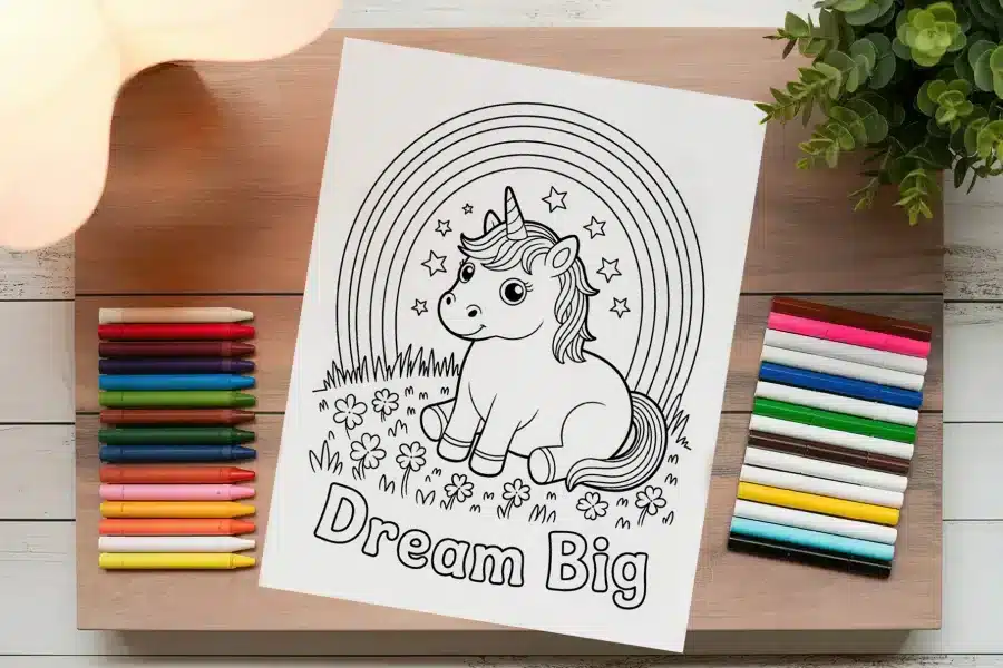A Coloring Page Featuring A Cute Unicorn Sitting Under A Rainbow, Surrounded By Flowers And Stars.  The Words Dream Big Are Printed Below.