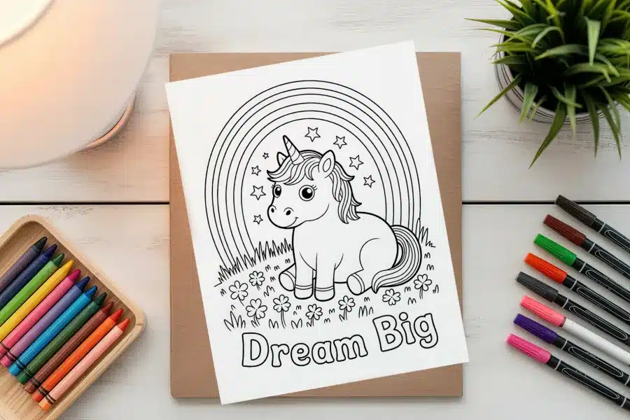 Coloring Page Featuring A Cute Unicorn Sitting Under A Rainbow With The Words Dream Big.