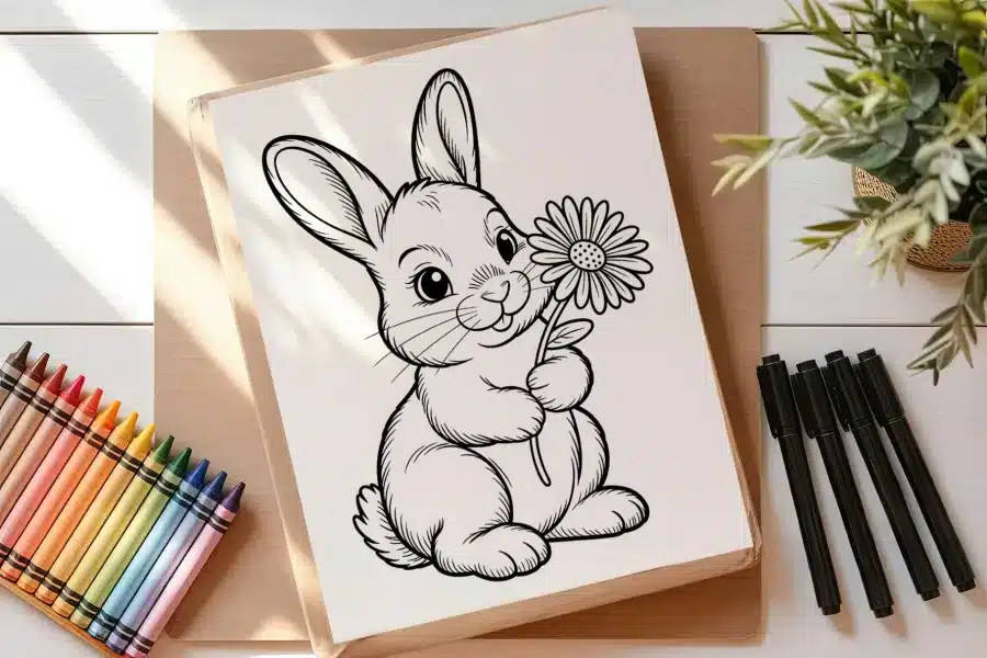 Line Drawing Of A Rabbit Holding A Flower.
