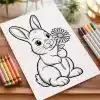 Line Drawing Of A Rabbit Holding A Flower.