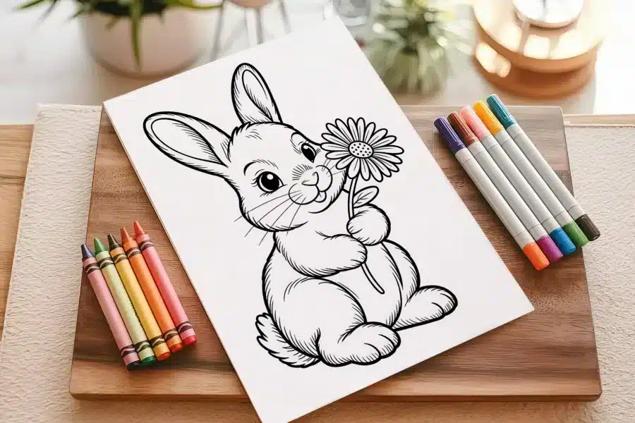 Line Drawing Of A Rabbit Holding A Flower.