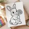 A Line Drawing Of A Rabbit Holding A Flower.