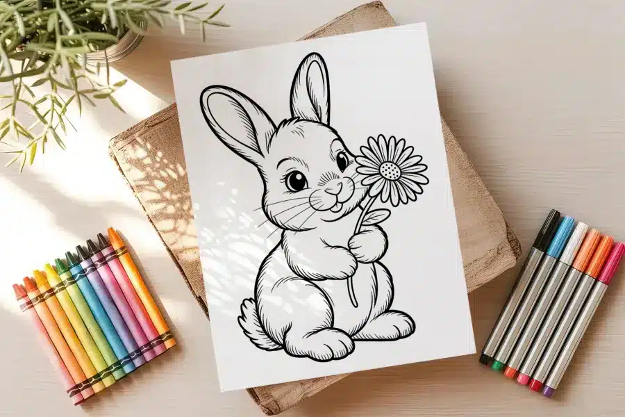 A Line Drawing Of A Rabbit Holding A Flower.