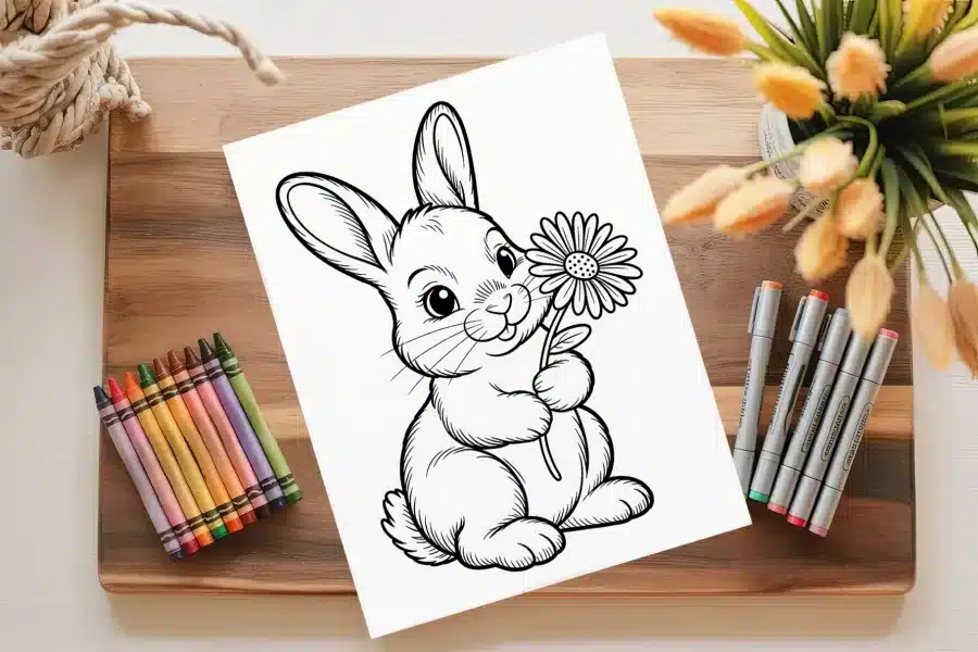 A Coloring Page Featuring A Rabbit Holding A Flower.