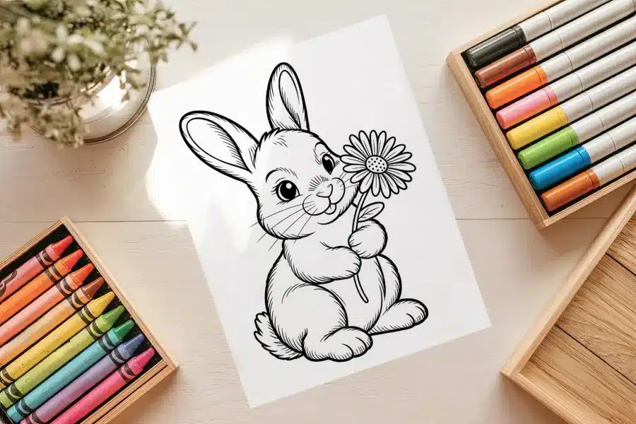 Easter Bunny with Flower Coloring Page - free printable aesthetic coloring sheet of a bunny holding a daisy