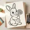 Line Drawing Of A Bunny Holding A Flower.