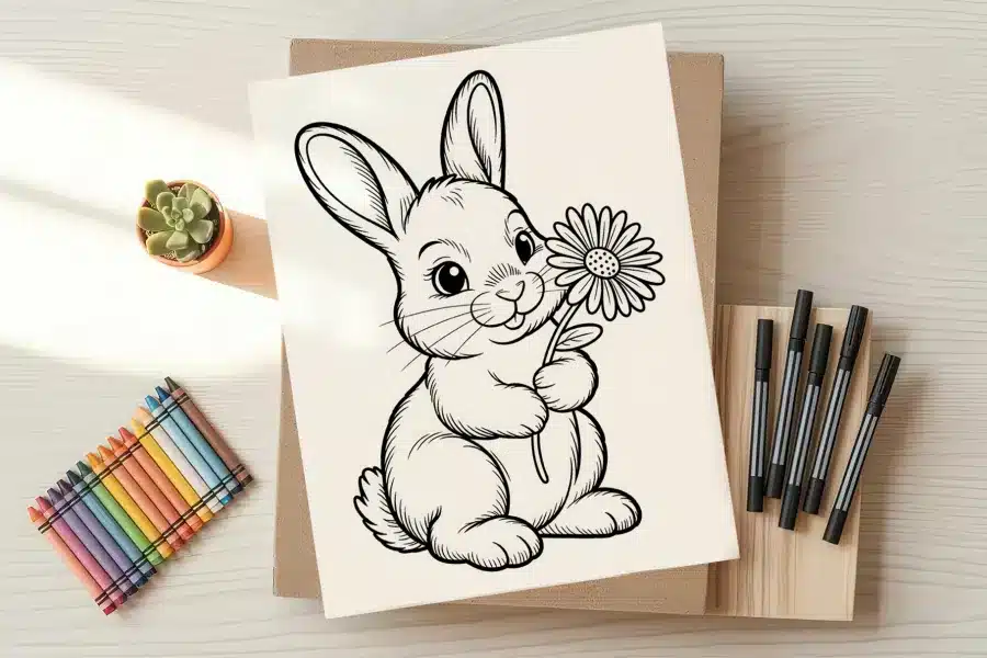 Line drawing of a bunny holding a flower.