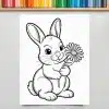 Line Drawing Of A Rabbit Holding A Flower.