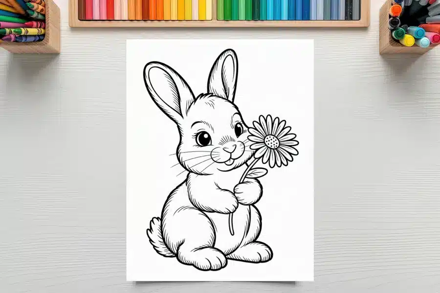 Line Drawing Of A Rabbit Holding A Flower.