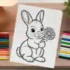 Line Drawing Of A Rabbit Holding A Flower.
