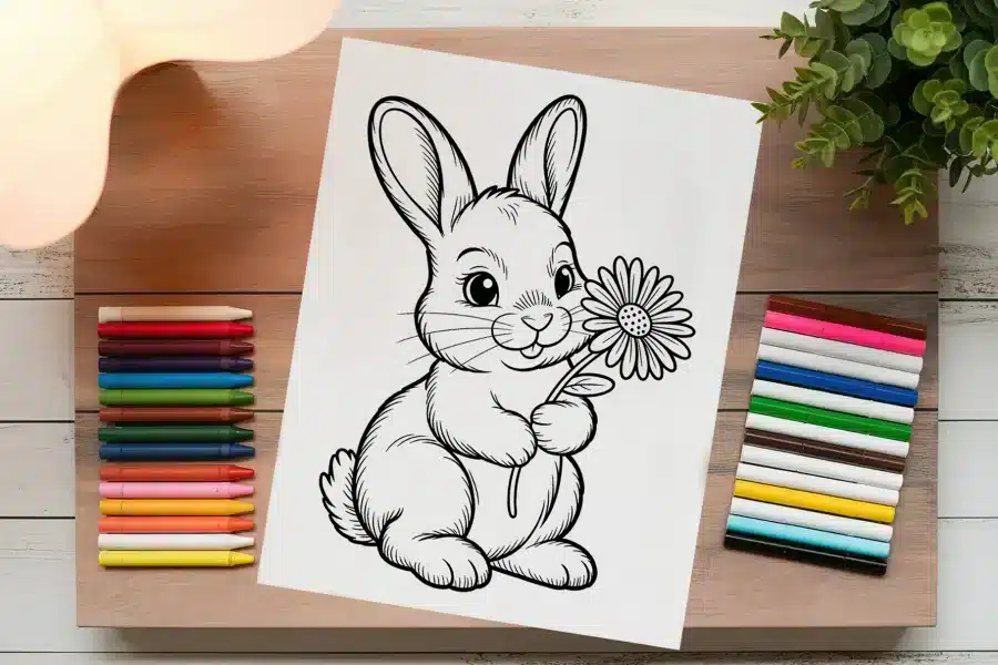 Line Drawing Of A Rabbit Holding A Flower.