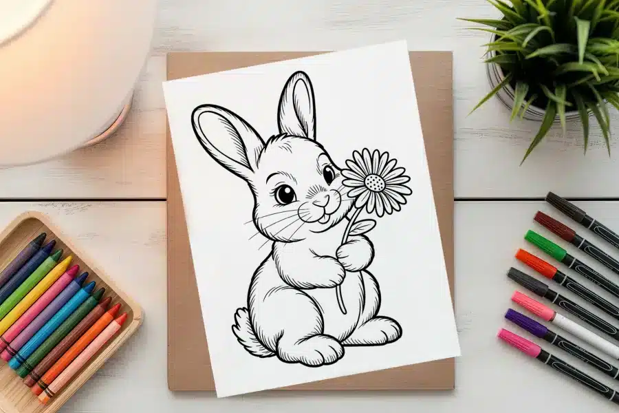 Line Drawing Of A Rabbit Holding A Flower.