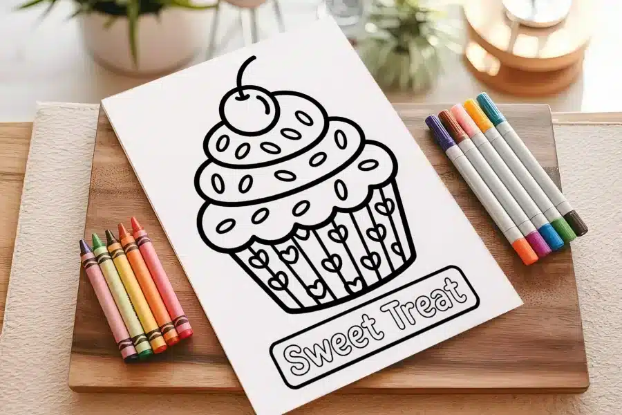 Line Drawing Of A Cupcake With A Cherry On Top, Labeled Sweet Treat.
