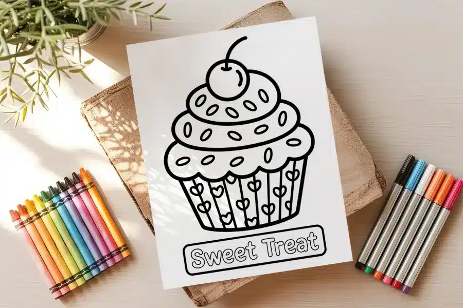Line Drawing Of A Cupcake With A Cherry On Top.  The Words Sweet Treat Are Below The Cupcake.