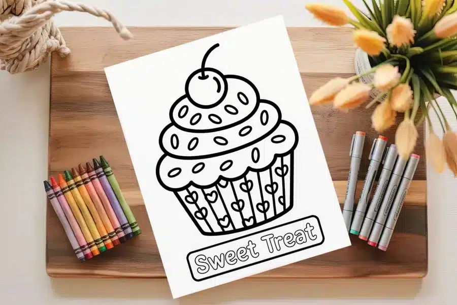 A Coloring Page Featuring A Cupcake With A Cherry On Top.
