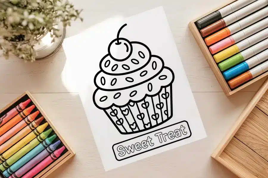 Easy Cupcake Sweet Treat Coloring Page - free printable aesthetic coloring sheet of a cupcake with cherry and text
