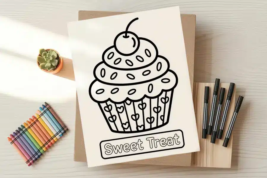 A coloring page featuring a line drawing of a cupcake with a cherry on top.  The words Sweet Treat are below the cupcake.