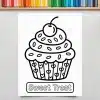 Line Drawing Of A Cupcake With A Cherry On Top.  The Words Sweet Treat Are Below.