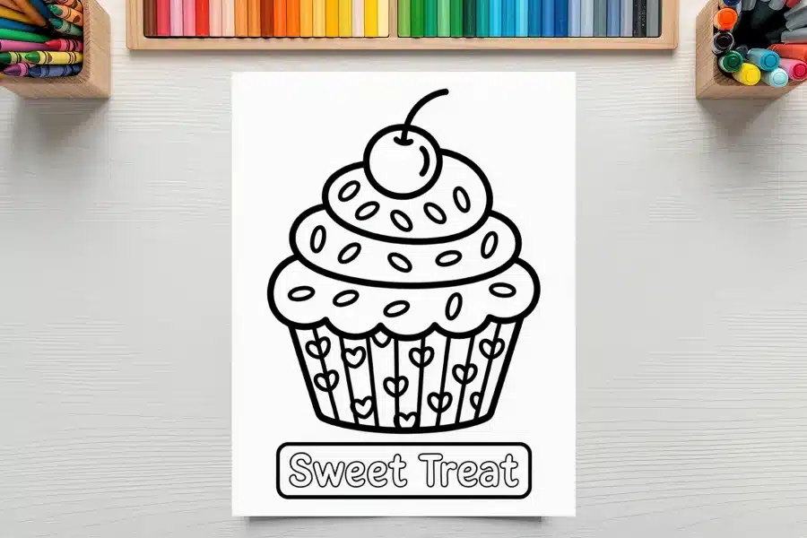 Line Drawing Of A Cupcake With A Cherry On Top.  The Words Sweet Treat Are Below.