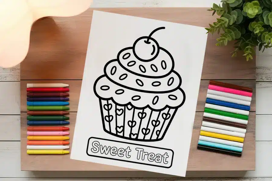 A Coloring Page Featuring A Cupcake With A Cherry On Top.