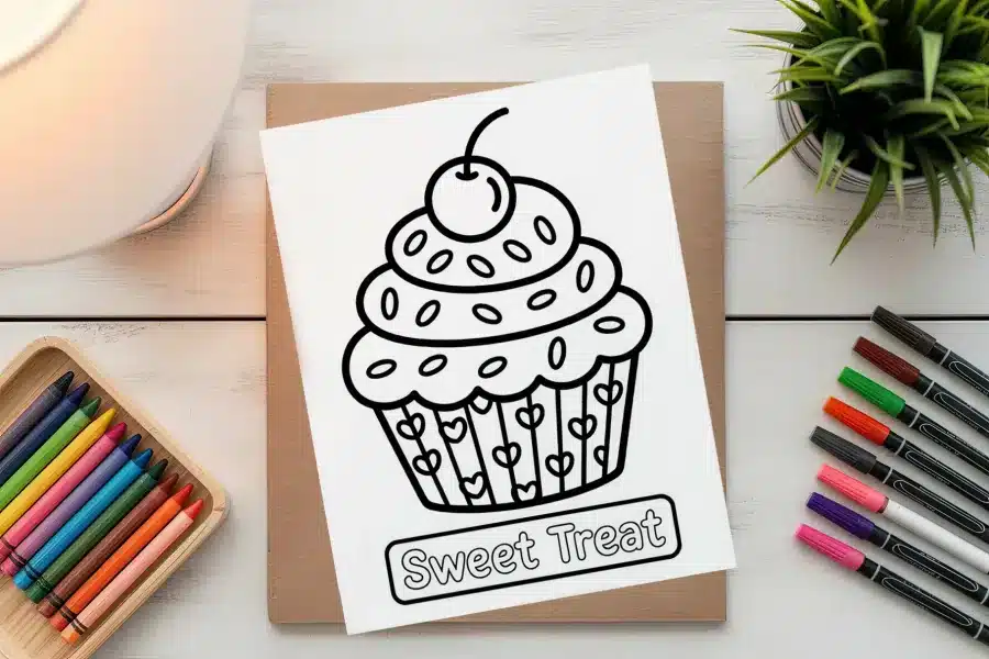 Line Drawing Of A Cupcake With A Cherry On Top, Labeled Sweet Treat.