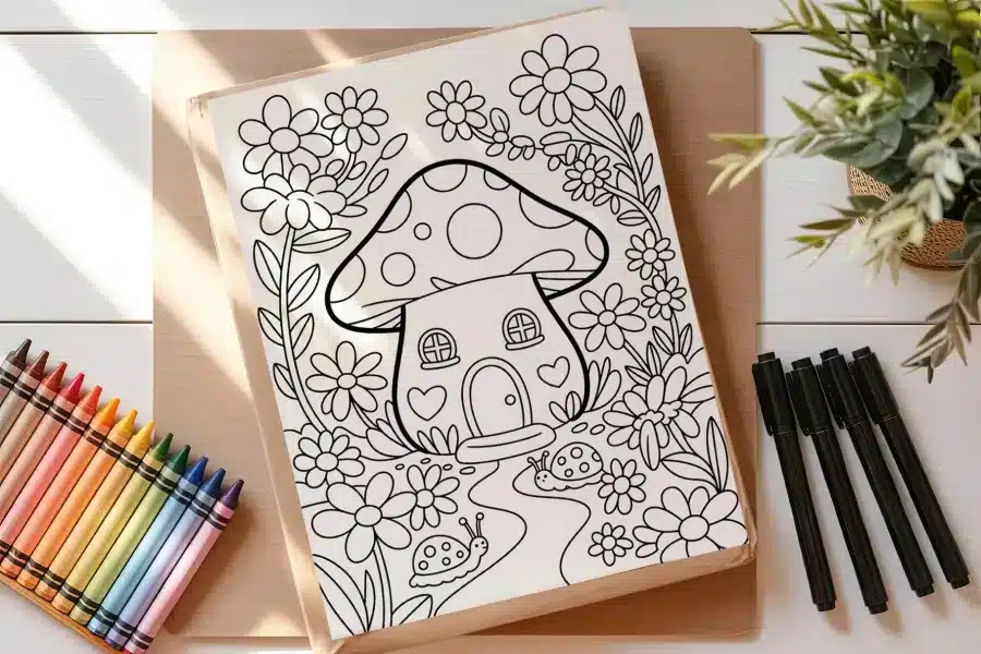 A Coloring Page Depicting A Whimsical Mushroom House Surrounded By Flowers And Ladybugs.