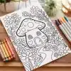 A Coloring Page Featuring A Whimsical Mushroom House Surrounded By Flowers And Snails.