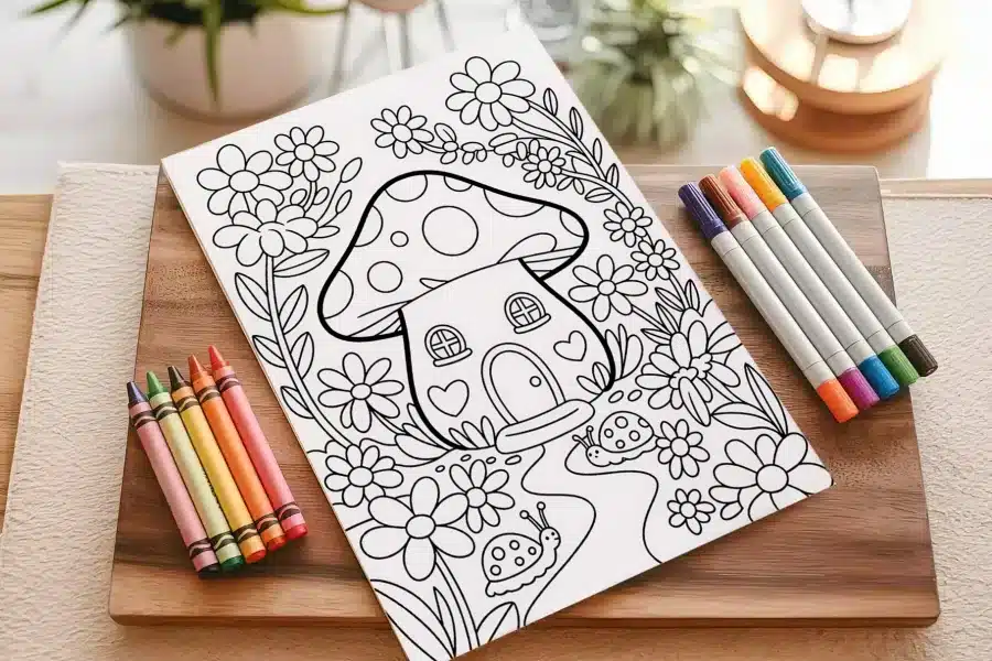 A Coloring Page Featuring A Whimsical Mushroom House Surrounded By Flowers And Snails.