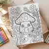 Coloring Page Featuring A Mushroom House Surrounded By Flowers And Snails.