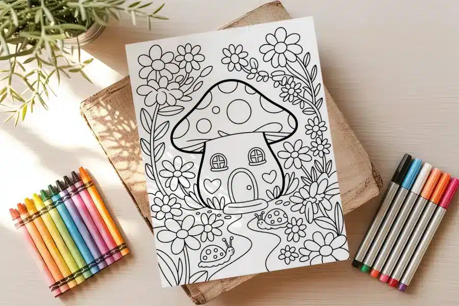 Coloring Page Featuring A Mushroom House Surrounded By Flowers And Snails.