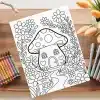 Coloring Page Featuring A Mushroom House Surrounded By Flowers And Ladybugs.