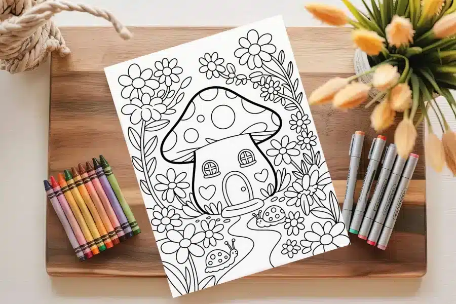 Coloring Page Featuring A Mushroom House Surrounded By Flowers And Ladybugs.