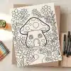 Coloring Page Featuring A Mushroom House Surrounded By Flowers And Snails.