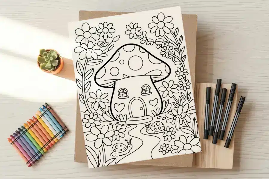 Coloring page featuring a mushroom house surrounded by flowers and snails.