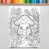 A Coloring Page Featuring A Mushroom House Surrounded By Flowers And Snails.