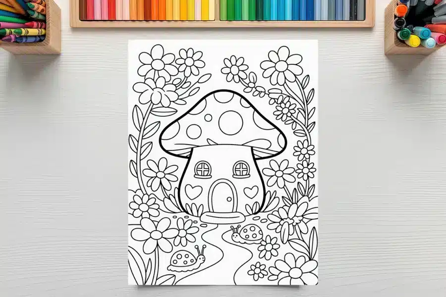 A Coloring Page Featuring A Mushroom House Surrounded By Flowers And Snails.