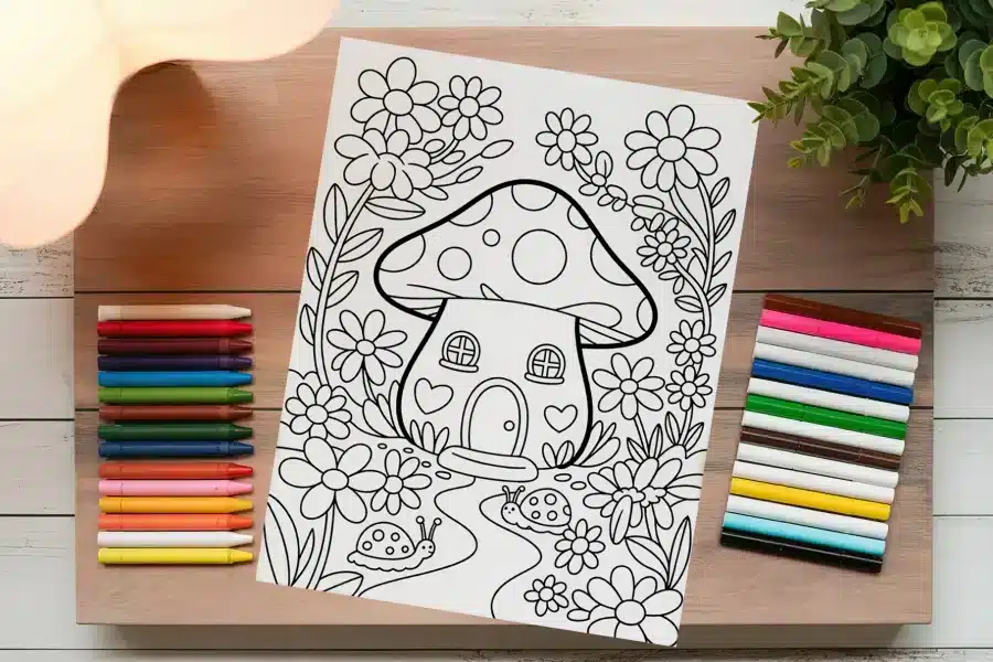 Coloring Page Of A Mushroom House Surrounded By Flowers And Snails.