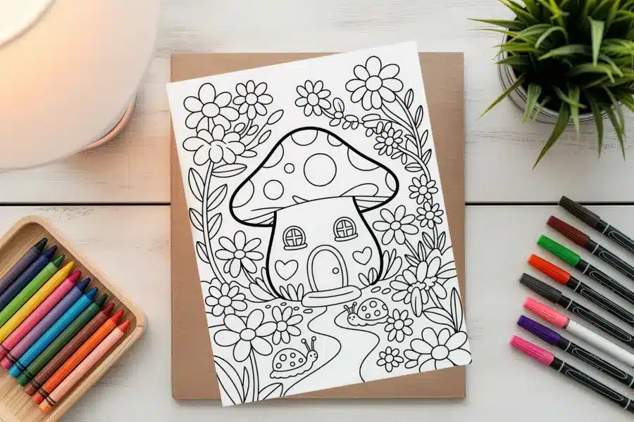Coloring Page Of A Mushroom House Surrounded By Flowers And Ladybugs.