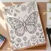 A Coloring Page Featuring A Large Butterfly With Floral Details Surrounded By Smaller Flowers And Leaves.
