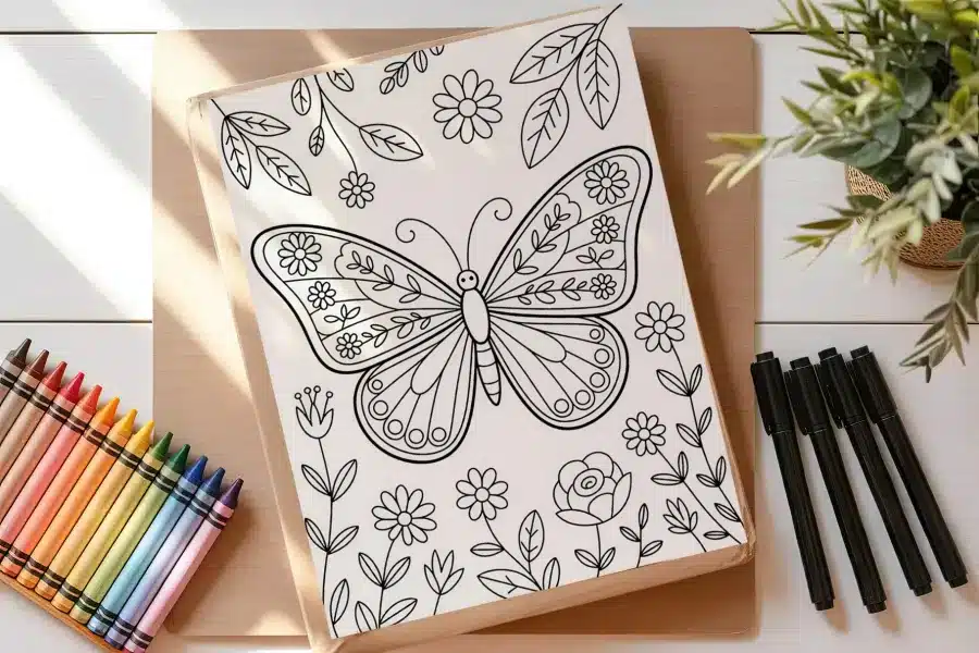 A Coloring Page Featuring A Large Butterfly With Floral Details Surrounded By Smaller Flowers And Leaves.
