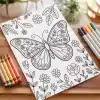 Coloring Page Featuring A Large Butterfly Decorated With Flowers And Surrounded By Smaller Flowers And Plants.