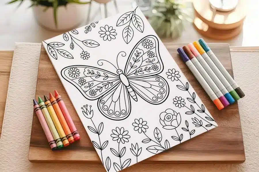 Coloring Page Featuring A Large Butterfly Decorated With Flowers And Surrounded By Smaller Flowers And Plants.