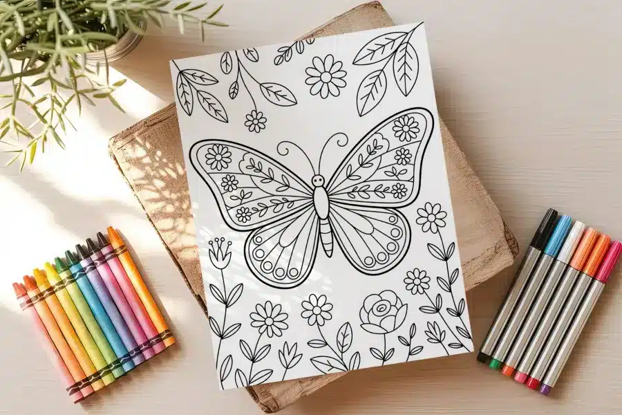 Coloring Page Featuring A Large Butterfly With Floral Details.