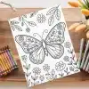 Coloring Page Featuring A Large Butterfly Adorned With Flowers And Surrounded By Smaller Flowers And Leaves.
