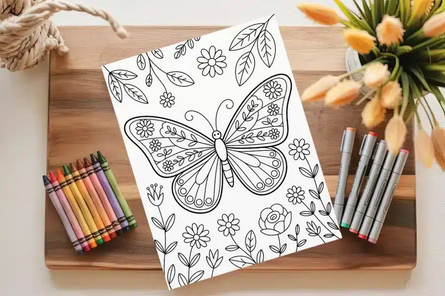 Coloring Page Featuring A Large Butterfly Adorned With Flowers And Surrounded By Smaller Flowers And Leaves.