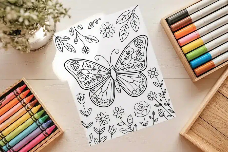 Floral Butterfly Garden Coloring Page - free printable aesthetic adult coloring sheet with butterfly and flowers