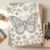 Coloring Page Featuring A Large Butterfly Decorated With Flowers And Surrounded By Smaller Flowers And Leaves.