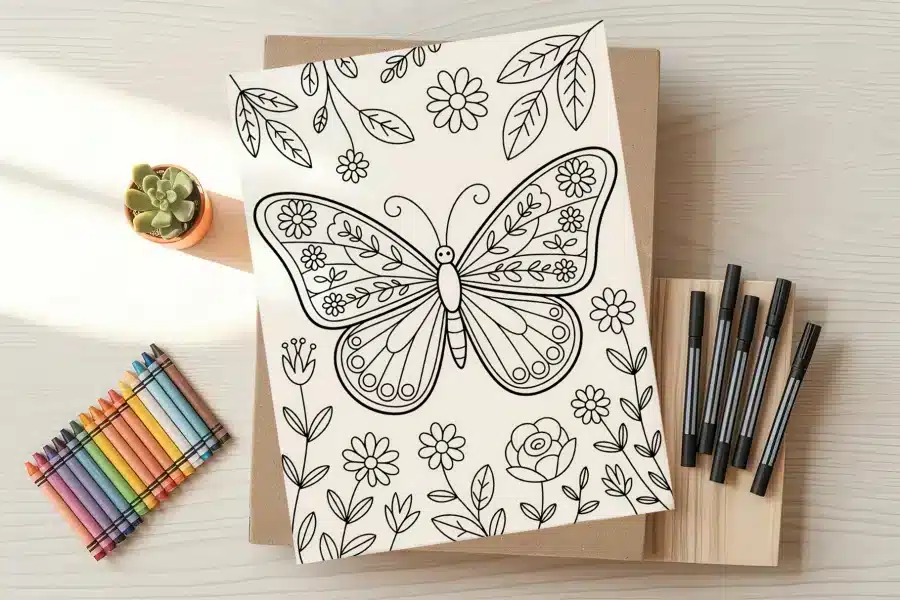 Coloring page featuring a large butterfly decorated with flowers and surrounded by smaller flowers and leaves.