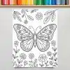 Coloring Page Featuring A Large Butterfly With Floral Details, Surrounded By Smaller Flowers And Leaves.