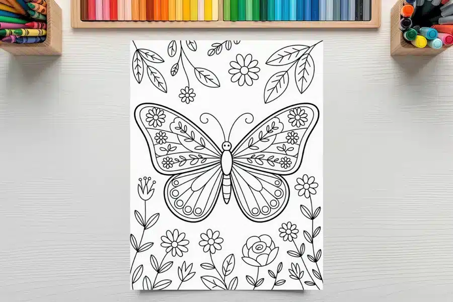 Coloring Page Featuring A Large Butterfly With Floral Details, Surrounded By Smaller Flowers And Leaves.